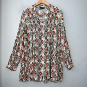 Jane & Delancey Womens Size Large Earthy Print Pintuck Tunic Top Tribal Boho